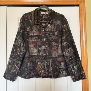Chico's Women's Silk Blend Blouse Jacket Size 3 Chinese Tradition Graphic